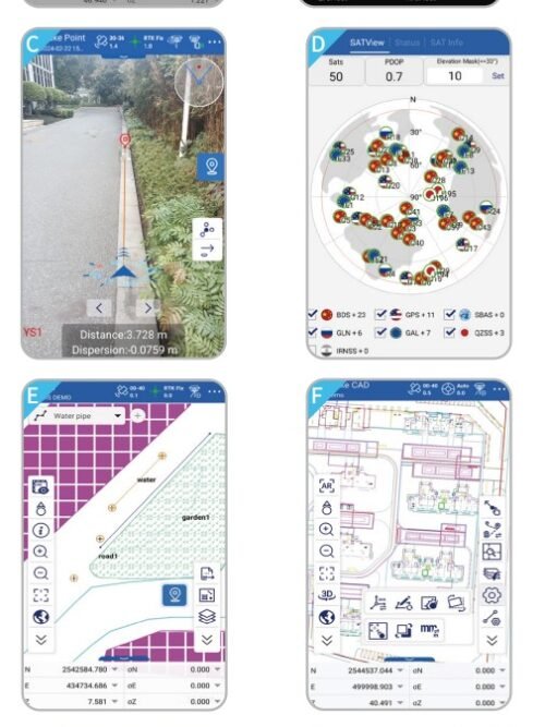 Hi-Survey programinės įrangos funkcijos GNSS RTK matavimams CAD GIS ir AR nužymėjimui