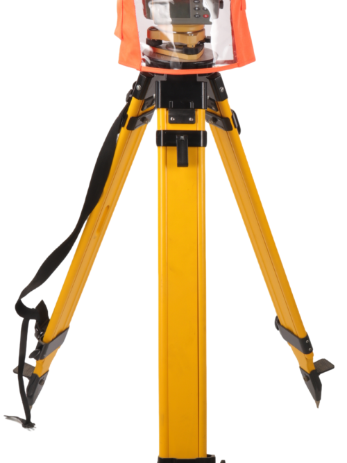 Oranžinis tacheometro uždangalas ant prietaiso ir trikojo GMP-MZ-009
